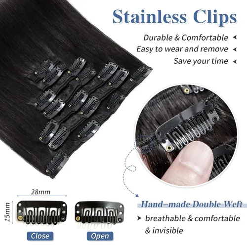 Miniatura 3 de S-noilite - Extensiones de cabello humano real con clip, color negro natural #1B, doble trama, 16 pulgadas, balayage, lacio, 7 unidades, 4.23 oz