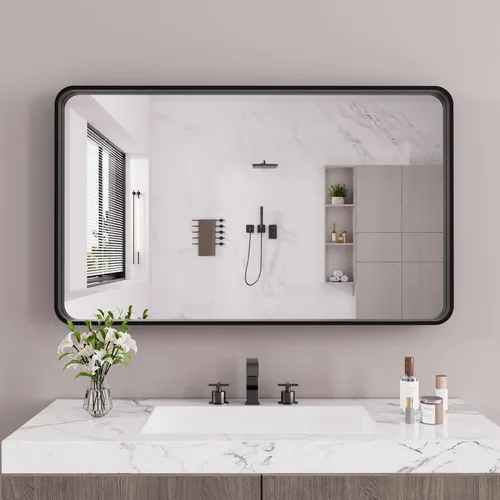 Miniatura 39 de JISOSO - Espejo de baño de 24x36 pulgadas con marco de metal cepillado color níquel, espejo con marco de metal cepillado plateado para pared, espejo