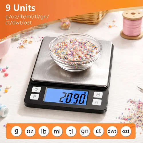 Miniatura 7 de BOMATA Báscula de joyería de alta precisión de 0.00 oz, báscula digital de 35.27 oz con función de sujeción, tara y conteo, diseño pequeño