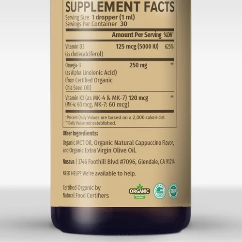 Miniatura 8 de Paquete de 2 gotas orgánicas de vitamina D3 K2 con aceite MCT y Omega 3 - Vitamina líquida D3 5000 UI - Suplemento de vitamina K2 D3 - Gotas