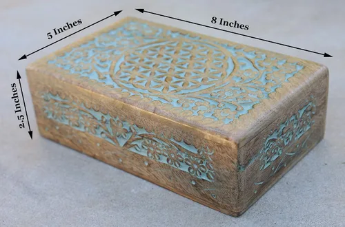 Miniatura 5 de DharmaObjects - Tarot tallada a mano con diseño de flor de la vida, caja de almacenamiento de madera (turquesa, grande)