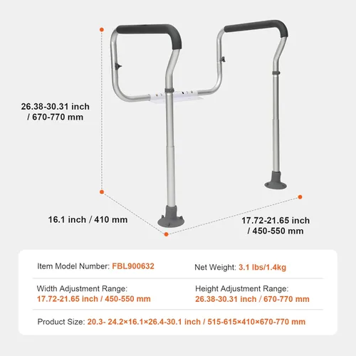 Miniatura 7 de Happybuy Barra de seguridad para inodoro, marco de asiento de inodoro ajustable, se adapta a la mayoría de inodoros, soporta 300 libras, barras