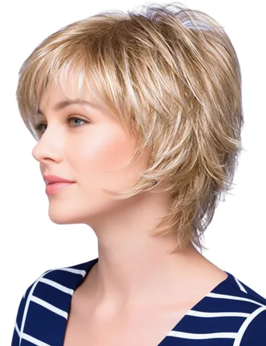 Miniatura 19 de TISHINING Pelucas rubias cortas en capas para mujeres blancas, longitud de la barbilla, color rubio ceniza, parte lateral, peluca Pixie Bob, cabello