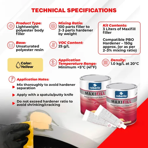 Miniatura 9 de Roberlo Maxifill - Relleno de cuerpo ligero superior, fácil de lijar y pintar para reparaciones de automóviles, ideal para abolladuras, agujeros