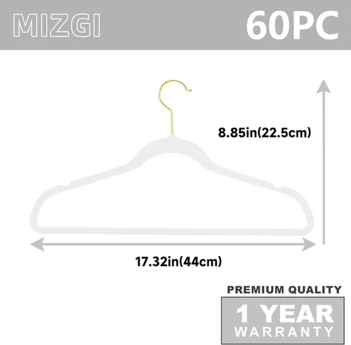 Miniatura 6 de MIZGI Paquete de 60 perchas de terciopelo de alta calidad, resistentes, antideslizantes, delgadas, perchas de terciopelo color blanco, ganchos