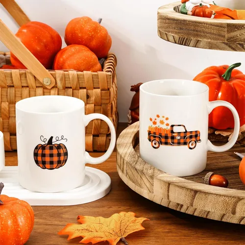 Miniatura 5 de Whaline 2 tazas de café de otoño de 12 onzas con diseño de búfalo a cuadros, calabaza, camión, tazas de café de cerámica para parejas, Acción