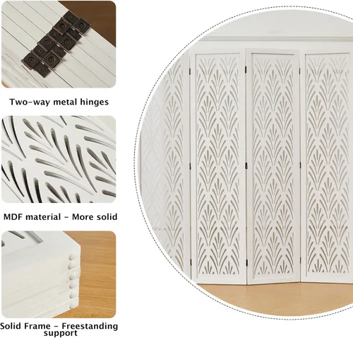 Miniatura 4 de Divisor de ambientes de 5.6 pies plegable de madera tallada simple para el hogar, oficina, jardín, 6 paneles (blanco)