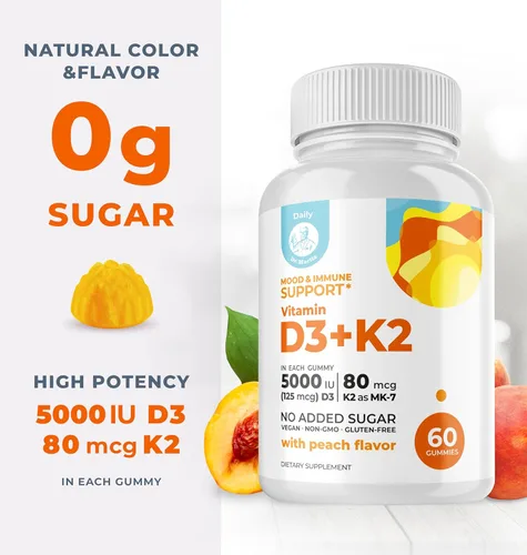 Miniatura 4 de DR. MORITZ Gomitas de vitamina D3 (5000 UI) con K2, para adultos y niños, gomitas de vitamina D3 K2 para apoyo inmunológico y salud ósea, veganas