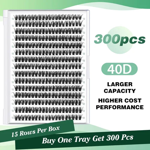 Miniatura 163 de Extensiones de racimos de pestañas 300 piezas, pestañas individuales 40D 0.07D rizado 11mm, para colocar en casa, bandeja grande de volumen