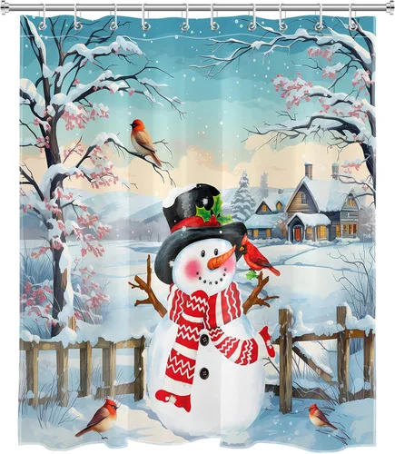 Miniatura 2 de Cortina de ducha de muñeco de nieve de Navidad, paisaje de montaña y nieve cubierta de granja, cortina de ducha para baño, cortina de baño rústica