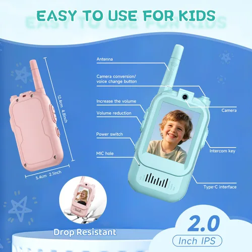 Miniatura 6 de Walkie Talkies de Video para Niños, Paquete de 2 Intercomunicadores de Video Recargables Portátiles para Niños Walkie Talkies, Juguetes