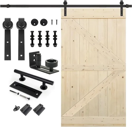 Miniatura 17 de S&Z TOPHAND 20 pulgadas x 84 pulgadas. Puerta de granero anudada británica sin terminar con kit de herrajes deslizantes de 4 pies/madera