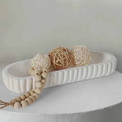 Miniatura 8 de Oakrain Cuenco decorativo de madera para decoración del hogar, cuenco de masa rústico de 16 pulgadas con rayas verticales talladas a mano, bandeja