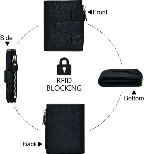 Miniatura 8 de oscaurt Billetera pequeña para mujer con bloqueo RFID, de dos pliegues, compacta, para tarjetas de crédito, de piel, con bolsillo con cremallera