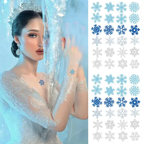 Tatuajes temporales de copos de nieve con purpurina, 48 calcomanías de copo de nieve de invierno, accesorios de ropa lindos para cuerpo, cara,