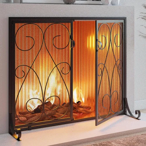 Miniatura 2 de Kingson Pantalla de chimenea de 2 paneles con puertas, hecha a mano, malla decorativa de hierro forjado, protector de chispas de fuego