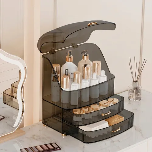 Miniatura 3 de Organizador de maquillaje para encimera de tocador con cajones, tapa transparente, impermeable y a prueba de polvo, almacenamiento de cosméticos