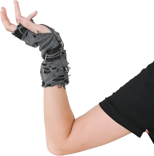 Miniatura 2 de Skeleteen Calentadores de brazos rasgados punk, guantes de punto sin dedos, de manga larga, accesorios góticos para hombres y mujeres, Gris