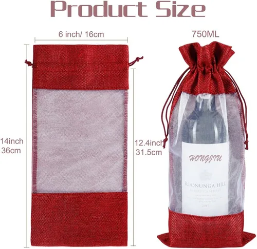 Miniatura 2 de Bolsas de vino de yute, 10 bolsas de arpillera roja para botellas de 25.4 fl oz con ventana transparente, bolsas de regalo de organza con cordón