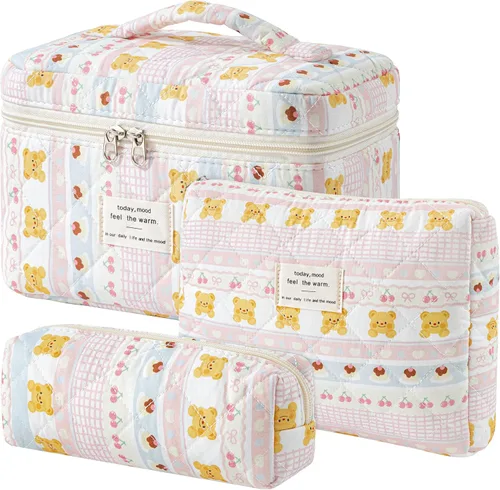 Miniatura 47 de HBselect Bolsa de maquillaje acolchada, 3 piezas de algodón grande, bolsa de maquillaje de viaje, bonita bolsa de maquillaje floral de coqueta