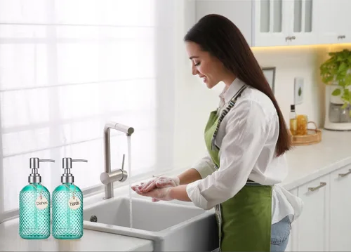 Miniatura 2 de HBlife Paquete de 2 dispensadores de jabón de vidrio de 16 onzas con bomba de acero inoxidable, dispensador de loción recargable para cocina y baño
