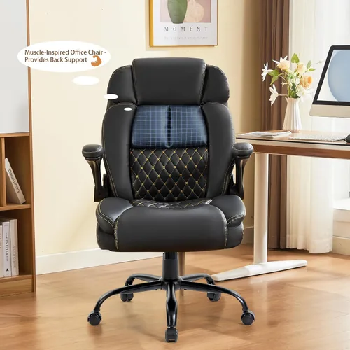 Miniatura 9 de Silla de oficina de masaje, sillas de escritorio ergonómicas mecedoras de 500 libras con 4 puntos de vibración y calor, reposabrazos abatibles Pu