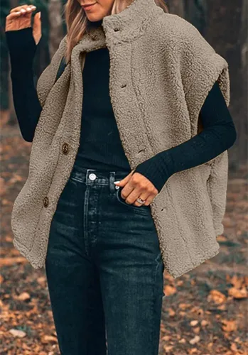 Miniatura 46 de Hongqizo - Chaleco de forro polar mullido para mujer, casual, de gran tamaño, cálido, con botones, chaqueta de sherpa con bolsillos