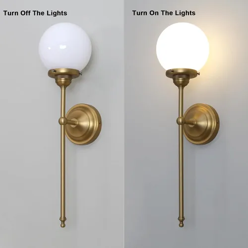 Miniatura 5 de Yosoan Juego de 2 apliques de pared de vidrio de leche para interiores, luces industriales vintage modernas de latón, cableado con lámpara redonda