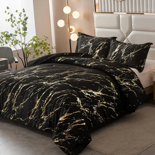 Miniatura 2 de WONGS BEDDING Juego de edredón de mármol metálico negro dorado Queen con estampado de lámina brillante y purpurina, juegos de ropa de cama con 2