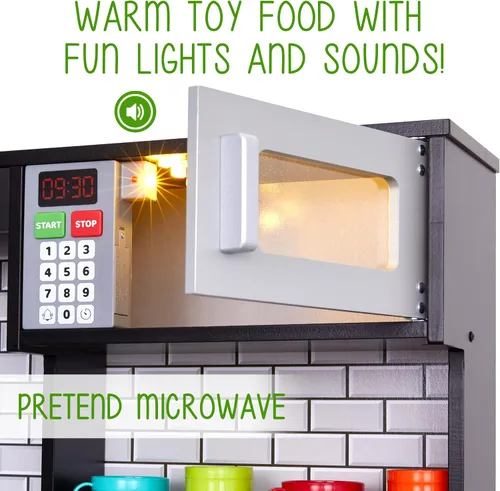 Miniatura 6 de Set de cocina de madera para niños Lil' Jumbl, cocina de juguete de simulación, heladera con batería, quemadores, grifo y microondas con sonido