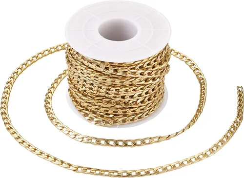 Miniatura 25 de FASHEWELRY Cadena de eslabones de aluminio de 16.4 pies sin soldar, rollo de cadenas de eslabones dorados con carrete para hacer collares, joyas