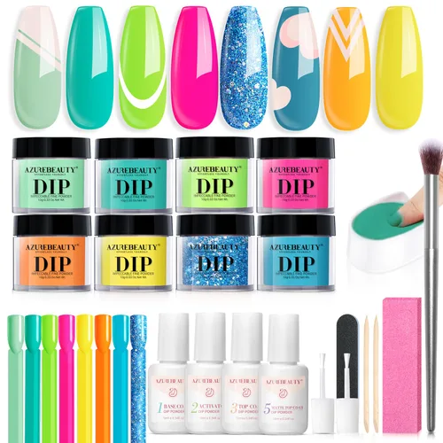 Miniatura 14 de AZUREBEAUTY Kit de uñas en polvo de inmersión, gelatina translúcida blanca lechosa, rosa desnudo, neutro, claro, 8 colores, juego de polvo