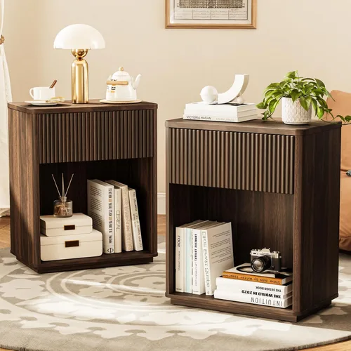 Miniatura 11 de Juego de 2 mesitas de noche acanaladas modernas para dormitorio, juego de mesita de noche de mediados de siglo con parte superior y cajón de mármol