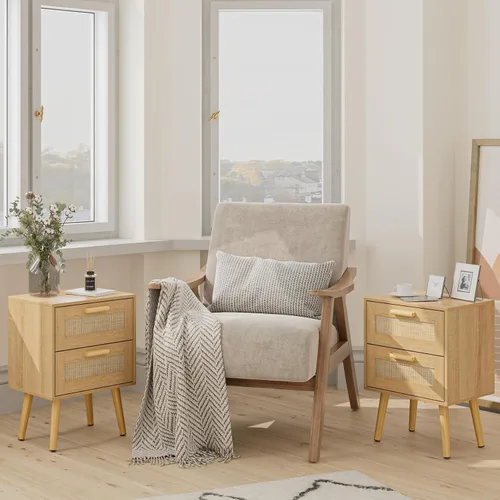 Miniatura 5 de Masupu Mesita de noche de ratán, moderna mesita de noche bohemia con 2 cajones, mesa auxiliar pequeña para dormitorio, sala de estar, oficina