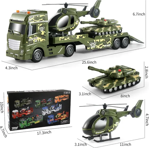 Miniatura 6 de Dwi Dowellin Camiones de Juguete Militares Grandes Verdes, Camión Semi de Juguete de 25.6" con Helicópteros y Tanque, Juguetes del Ejército