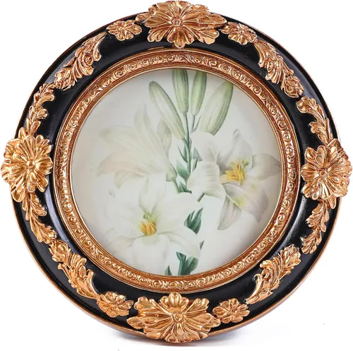 Marcos de fotos vintage redondos de 3 x 3 pulgadas, color negro y dorado, con flores en relieve, montaje en mesa y pared, parte delantera de