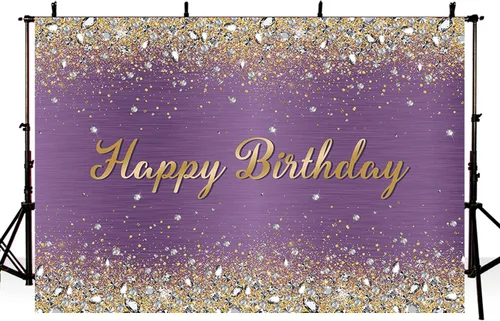Miniatura 3 de MEHOFOND Telón de Fondo de Decoraciones de Fiesta de Cumpleaños Morado de 7x5 pies con Brillos Dorados Relucientes y Diamantes para Decoración