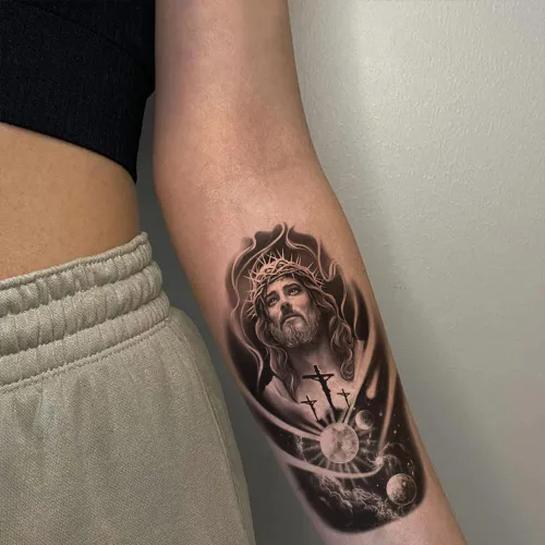 Miniatura 6 de 2 hojas de tatuajes temporales con cruz y luna de Jesús para adultos, espirituales religiosos, tatuajes falsos realistas, nebulosa galaxia en blanco