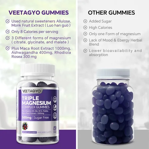 Miniatura 7 de VEETAGYO Gomitas de magnesio 500 mg 400 mg Alta absorción, hueso, nervios, músculo 3 formas de complejo de magnesio suplemento glicinato