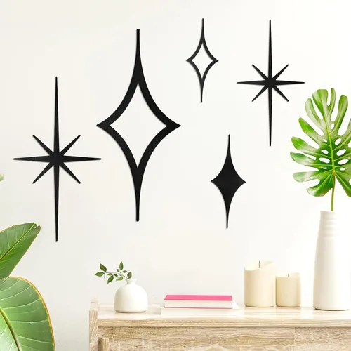 Yaocom 5 piezas de decoración de pared de mediados de siglo, metal negro, vintage, Starburst, decoración retro, escultura de arte de pared Mcm de