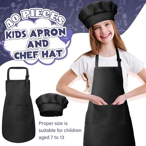 Miniatura 5 de Juego de 40 piezas de delantal de chef para niños y niñas, delantales de chef a granel para cocinar, pintura, delantal con babero para niños de 7 a