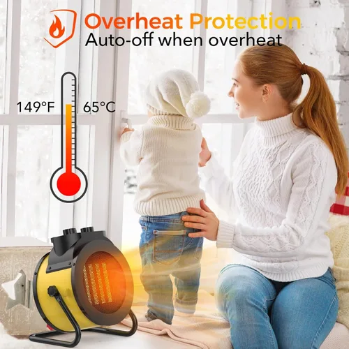 Miniatura 6 de Calentador de espacio eléctrico de 1500 W con ángulo ajustable de 90 grados, protección contra sobrecalentamiento, calentador para garaje, oficina