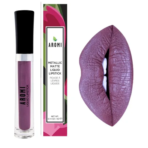 Miniatura 11 de Aromi Lápiz labial líquido mate metálico Rosa polvoriento rosado, color de labios malva rosado claro con acabado brillante, de larga duración
