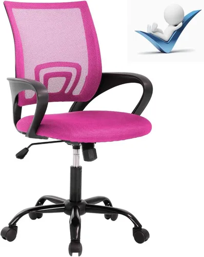 Miniatura 9 de Silla de oficina ergonómica de malla con respaldo medio, soporte lumbar, ajustable, giratoria, enrollable, silla de escritorio rosa con brazos