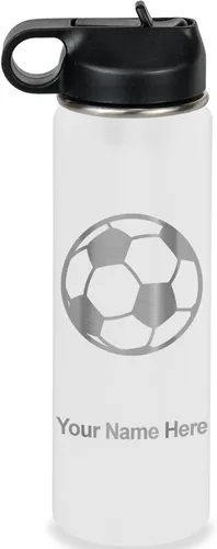 Miniatura 74 de LaserGram Botella de agua personalizada, pelota de fútbol, acero inoxidable de doble pared aislada al vacío con popote superior, regalo grabado