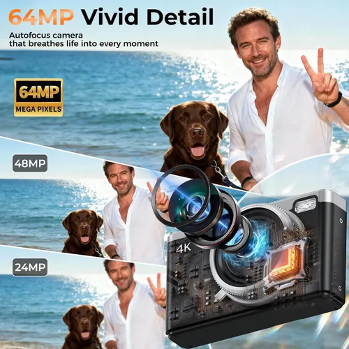 Miniatura 5 de MaxMango Cámara digital, cámara de vlogging de 64 MP y 2.4 pulgadas para principiantes, pantalla abatible de 180°, apunta y dispara, cámaras