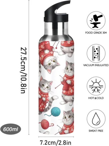 Miniatura 9 de Gray White Cats Red Floral Insulated Stainless Steel Water Bottle with Straw 20 Oz, BPA-Free Sports Water Bottle with Straw Leakproof Water Bottles