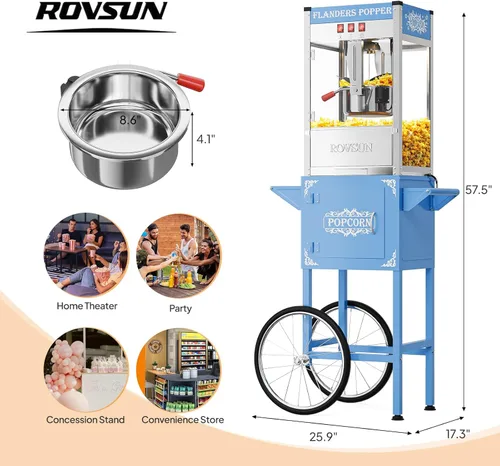 Miniatura 7 de ROVSUN Máquina de palomitas de maíz con carrito, ruedas y hervidor de 10 onzas que hace hasta 4 galones certificado ETL, máquina de palomitas de Azul