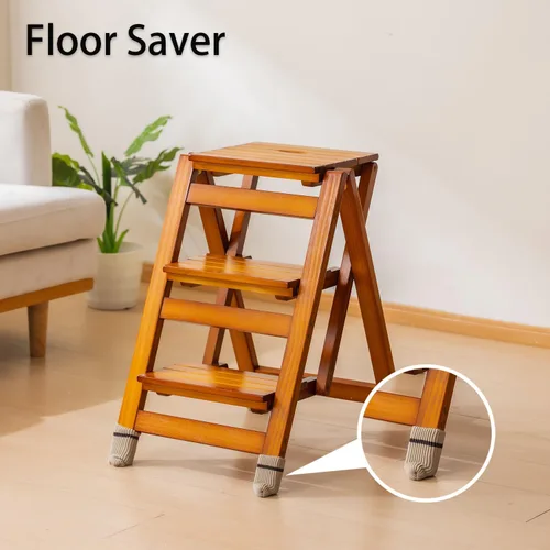 Miniatura 6 de Latifolia Escalera plegable de 3 escalones, taburete de madera con protector de suelo, estante decorativo para sala de estar, cocina, jardín (nogal)