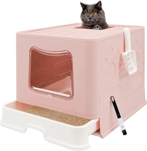 Miniatura 13 de Caja de arena plegable para gatos con tapa, orinal cerrado, inodoro grande de entrada superior antisalpicaduras, fácil de limpiar, incluye pala